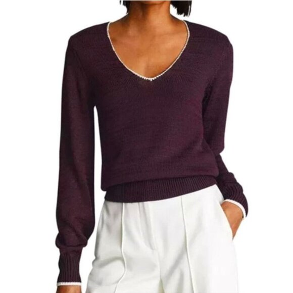 $298 Reiss Talia Burgundy Contrast Trim V-neck Pullover Sweater Women's XS - Picture 1 of 7